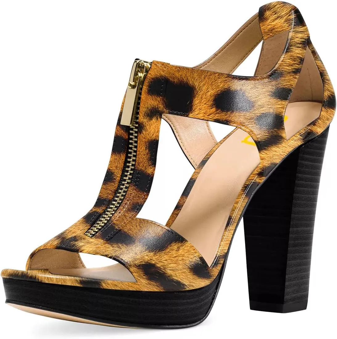 FSJ Women Peep Open Toe T-Strap Front Zipper Chunky Stacked High Heel Sandal Booties Platform Pumps Shoes Size 4-15 US
