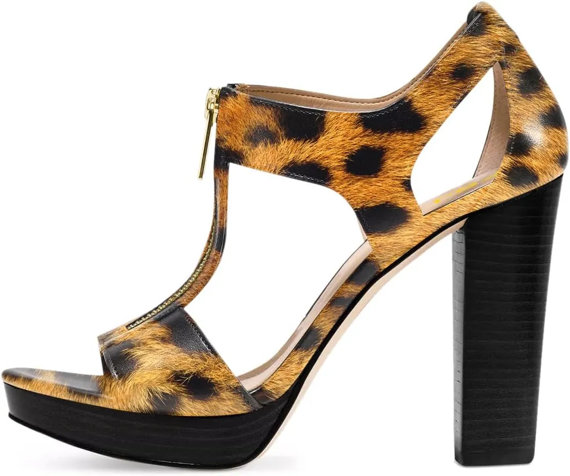 FSJ Women Peep Open Toe T-Strap Front Zipper Chunky Stacked High Heel Sandal Booties Platform Pumps Shoes Size 4-15 US