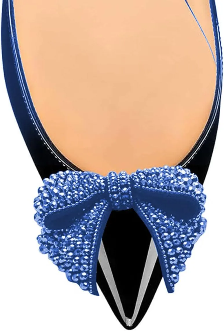 FSJ Women Pointed Toe Crystal Pump Rhinestone Bow Block Low Heel Slip On Comfy Date Party Shoes Size 4-16 US