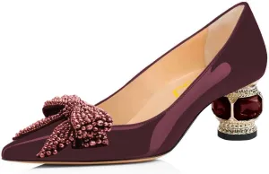 FSJ Women Pointed Toe Crystal Pump Rhinestone Bow Block Low Heel Slip On Comfy Date Party Shoes Size 4-16 US