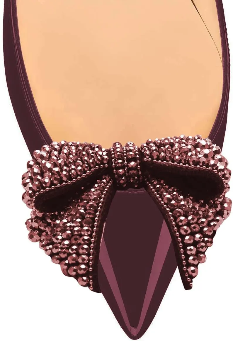 FSJ Women Pointed Toe Crystal Pump Rhinestone Bow Block Low Heel Slip On Comfy Date Party Shoes Size 4-16 US