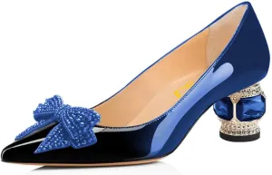 FSJ Women Pointed Toe Crystal Pump Rhinestone Bow Block Low Heel Slip On Comfy Date Party Shoes Size 4-16 US