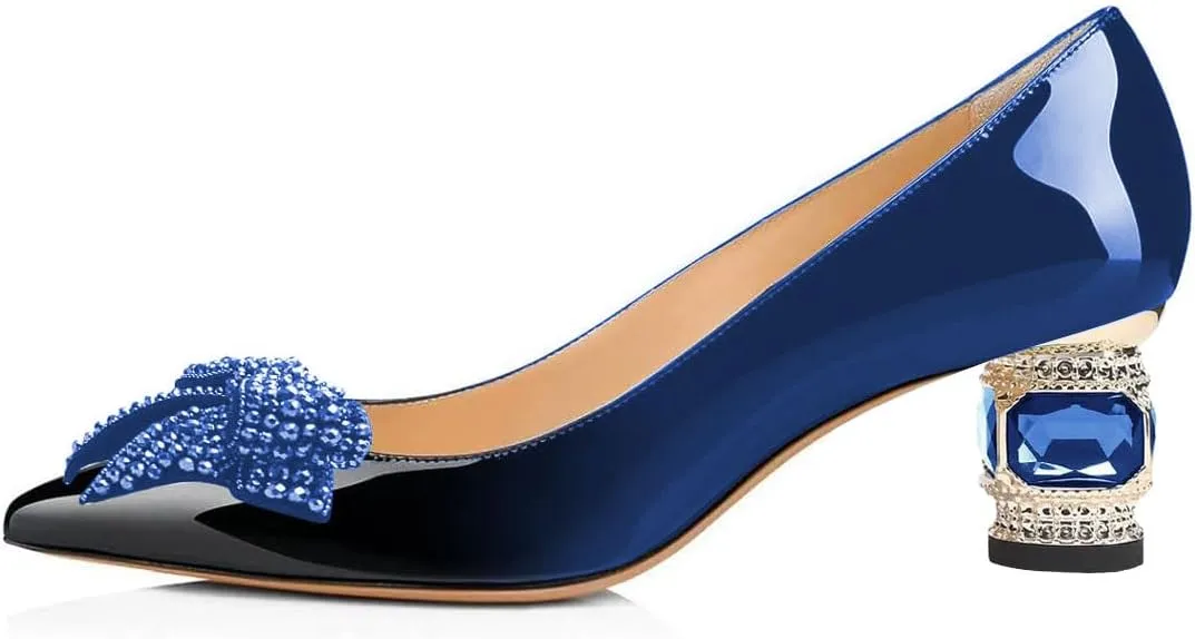 FSJ Women Pointed Toe Crystal Pump Rhinestone Bow Block Low Heel Slip On Comfy Date Party Shoes Size 4-16 US