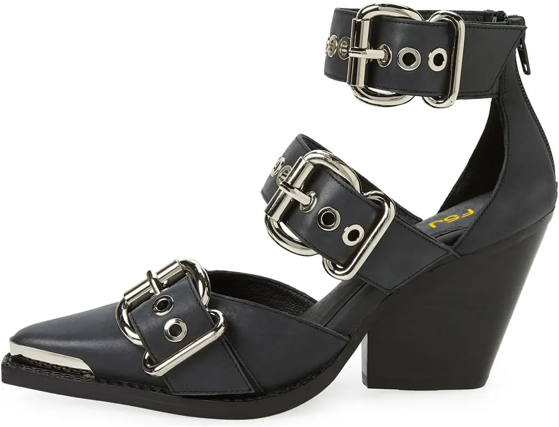 FSJ Women Pointed Toe Metal Buckle Hollow Out Leather Strappy Medium Thick Wedge Stacked Heel Sandal Zipper Fashion Pumps Shoes Size 4-16 US