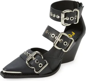 FSJ Women Pointed Toe Metal Buckle Hollow Out Leather Strappy Medium Thick Wedge Stacked Heel Sandal Zipper Fashion Pumps Shoes Size 4-16 US
