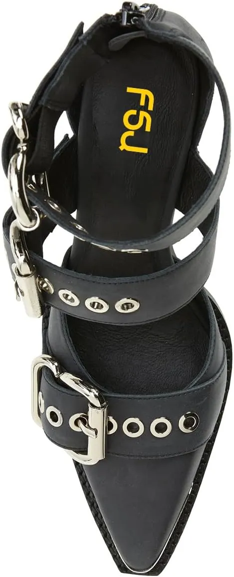 FSJ Women Pointed Toe Metal Buckle Hollow Out Leather Strappy Medium Thick Wedge Stacked Heel Sandal Zipper Fashion Pumps Shoes Size 4-16 US