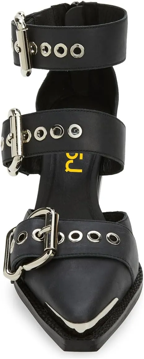 FSJ Women Pointed Toe Metal Buckle Hollow Out Leather Strappy Medium Thick Wedge Stacked Heel Sandal Zipper Fashion Pumps Shoes Size 4-16 US