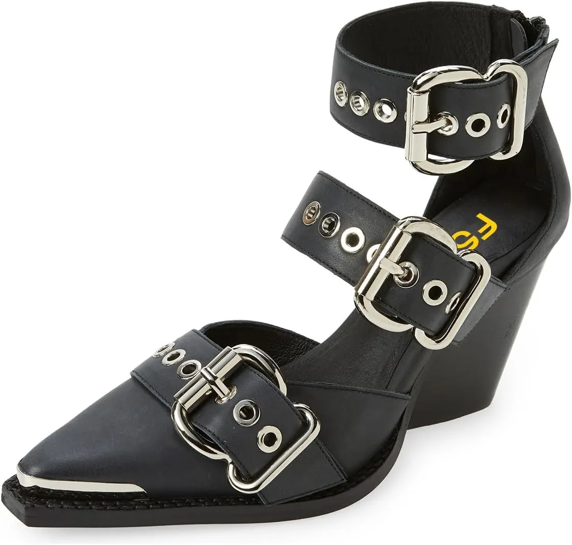 FSJ Women Pointed Toe Metal Buckle Hollow Out Leather Strappy Medium Thick Wedge Stacked Heel Sandal Zipper Fashion Pumps Shoes Size 4-16 US