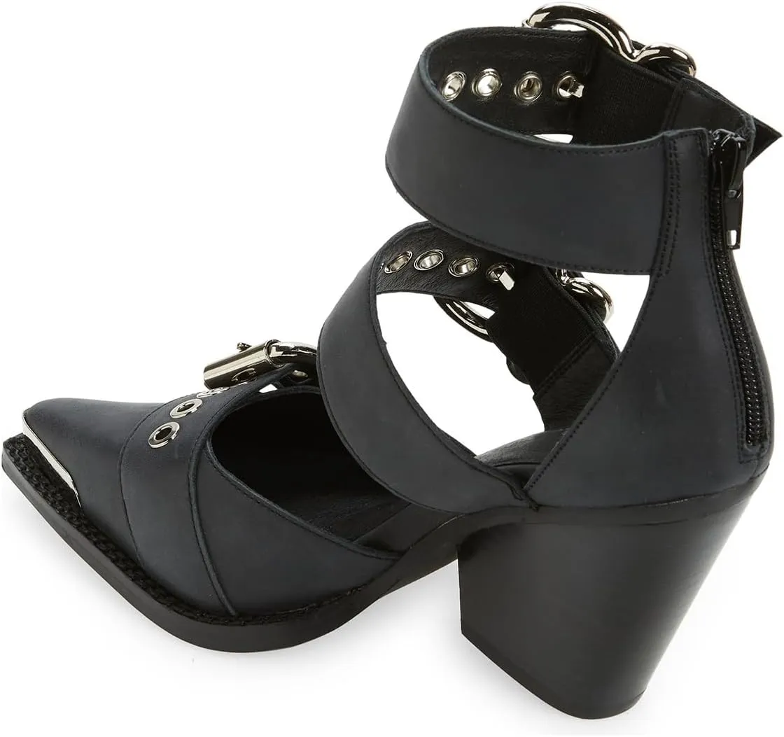 FSJ Women Pointed Toe Metal Buckle Hollow Out Leather Strappy Medium Thick Wedge Stacked Heel Sandal Zipper Fashion Pumps Shoes Size 4-16 US