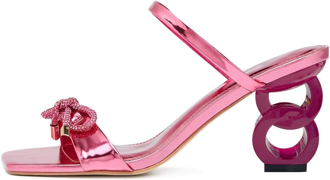 FSJ Women Square Open Toe Mules Mid Chain Chunky Block Heeled Sandals Two Strap with Rhinestone Bow Slip On Party Wedding Slides Dress Shoes Size 4-16 US