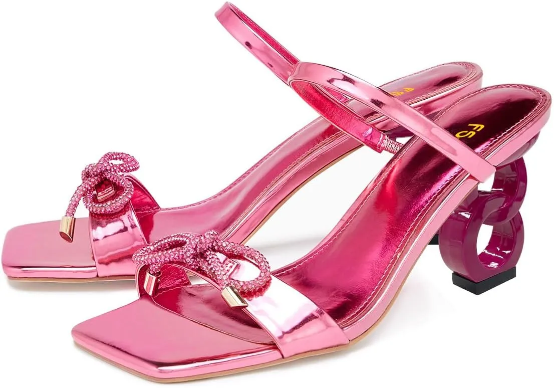 FSJ Women Square Open Toe Mules Mid Chain Chunky Block Heeled Sandals Two Strap with Rhinestone Bow Slip On Party Wedding Slides Dress Shoes Size 4-16 US