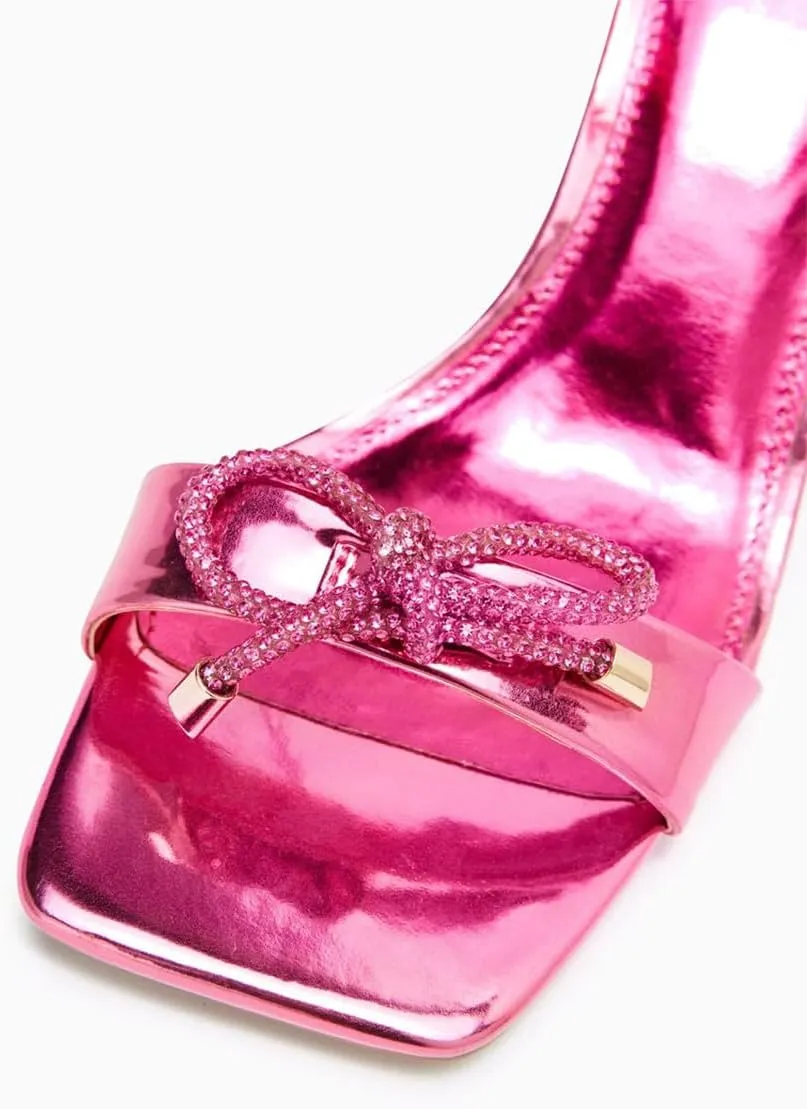 FSJ Women Square Open Toe Mules Mid Chain Chunky Block Heeled Sandals Two Strap with Rhinestone Bow Slip On Party Wedding Slides Dress Shoes Size 4-16 US