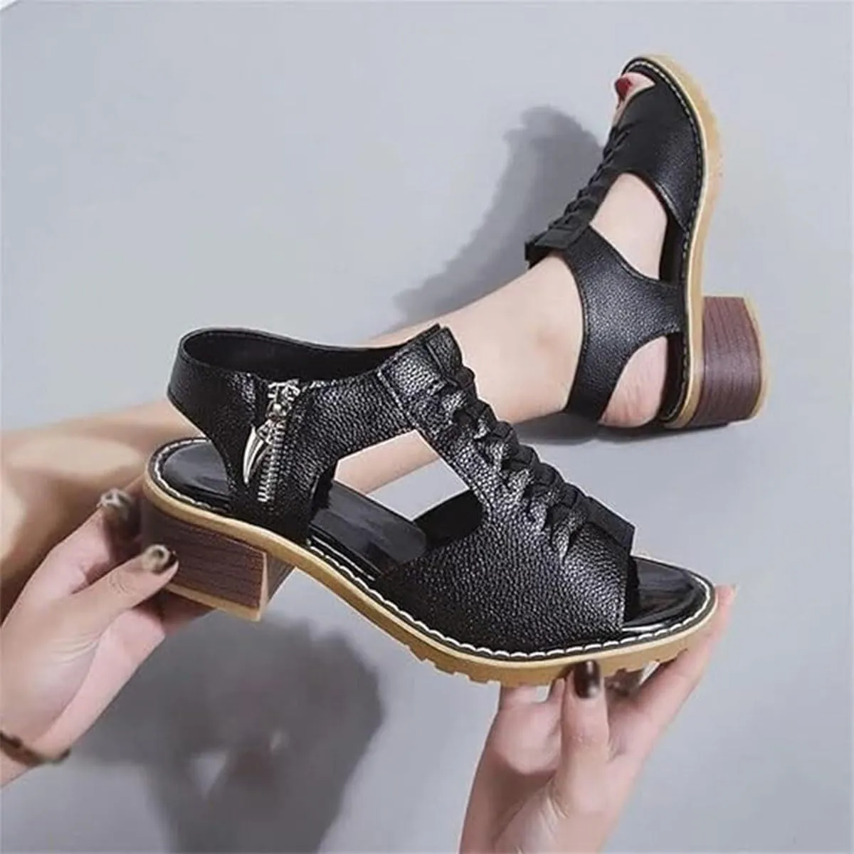 Funfany Peep Toe Cutout Zipper Chunky Heeled Sandals, Women's Peep Toe Comfy Sandals,Peep Toe Sandal for Women