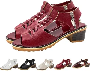 Funfany Peep Toe Cutout Zipper Chunky Heeled Sandals, Women's Peep Toe Comfy Sandals,Peep Toe Sandal for Women