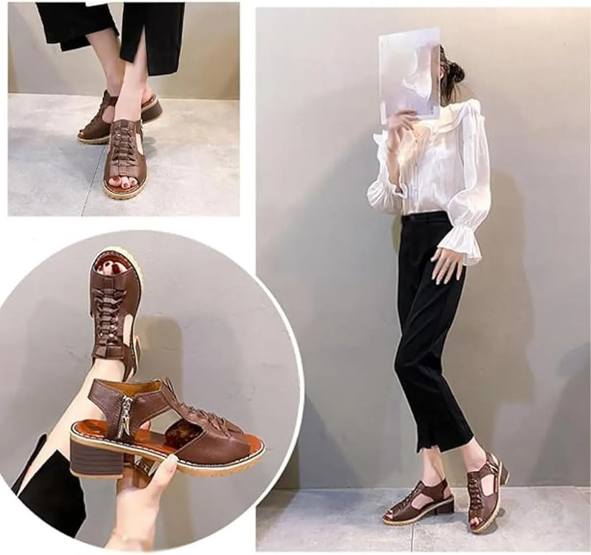 Funfany Peep Toe Cutout Zipper Chunky Heeled Sandals, Women's Peep Toe Comfy Sandals,Peep Toe Sandal for Women