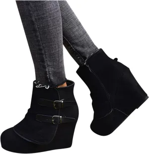 Hbeylia High Heels Boots For Women Boho Vintage Double Metal Buckle Suede Round Toe Platform Wedge Chunky Heels Ankle Booties With Side Zipper Casual Wide Mid Calf Dress Short Boots For Wedding Party
