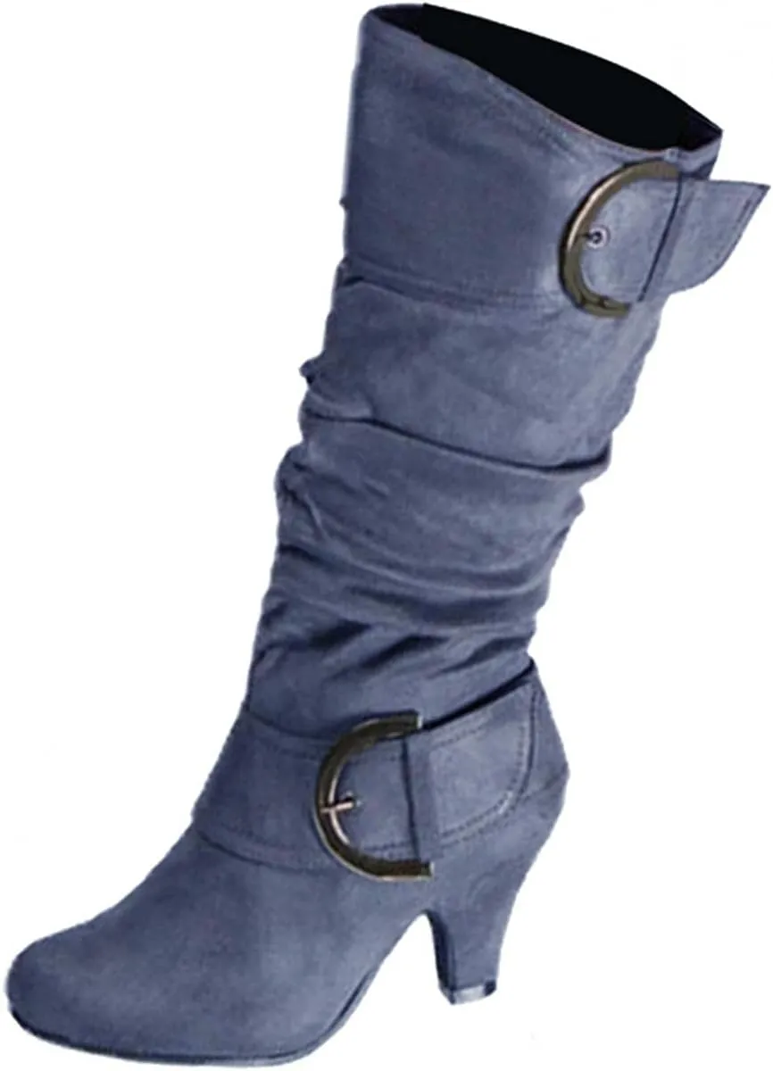 Hbeylia Pump Dress Boots For Women Fashion Casual Sclouchy Ruched Knee High Length High Heels Boots With Side Zip Ladies Stacked Wide Mid Calf Dressy Booties Winter Shoes Party Favor