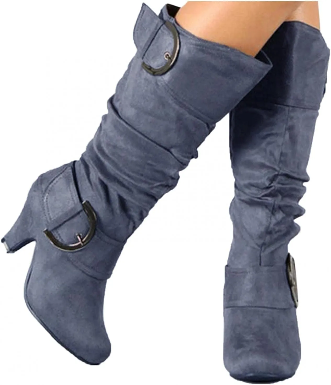 Hbeylia Pump Dress Boots For Women Fashion Casual Sclouchy Ruched Knee High Length High Heels Boots With Side Zip Ladies Stacked Wide Mid Calf Dressy Booties Winter Shoes Party Favor