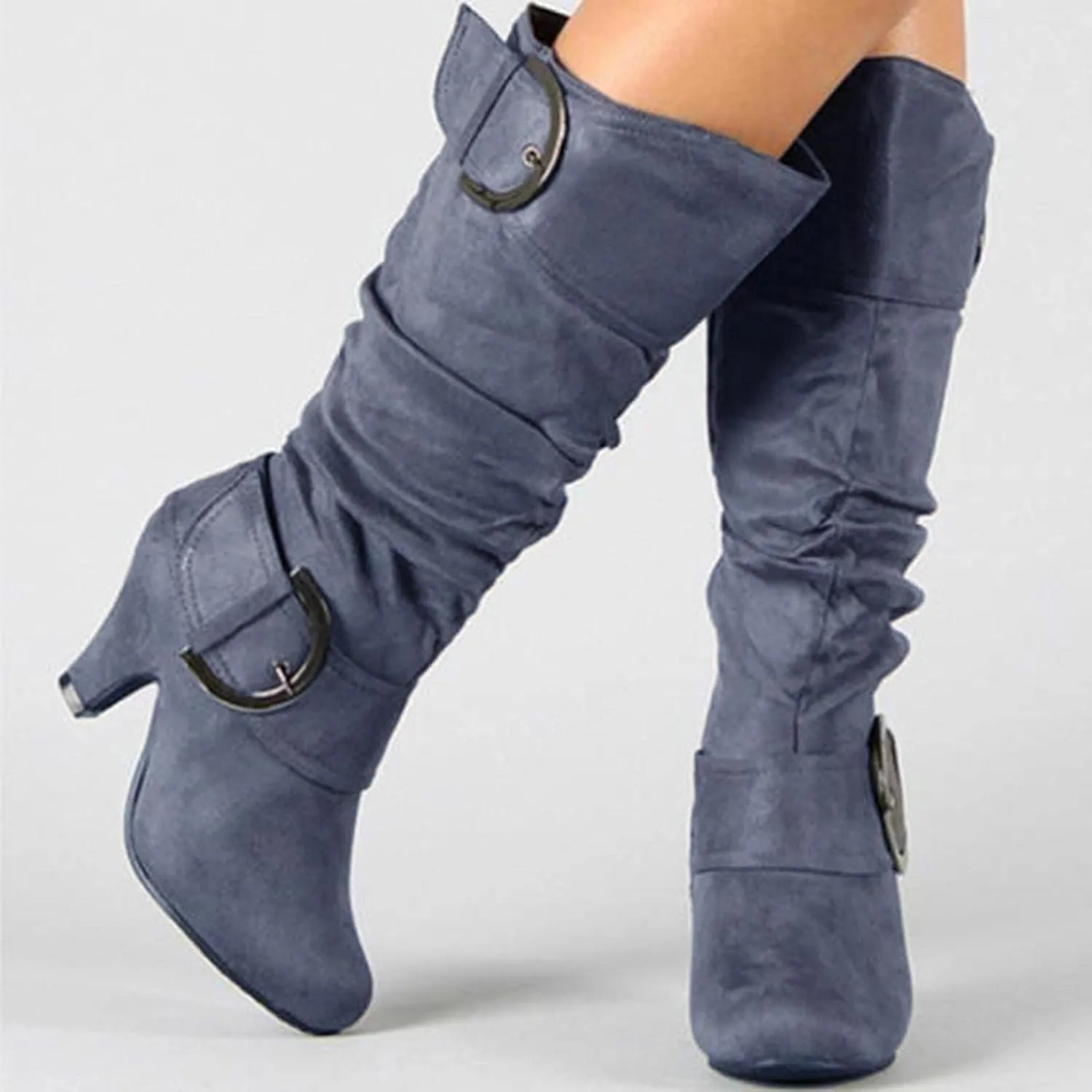 Hbeylia Pump Dress Boots For Women Fashion Casual Sclouchy Ruched Knee High Length High Heels Boots With Side Zip Ladies Stacked Wide Mid Calf Dressy Booties Winter Shoes Party Favor