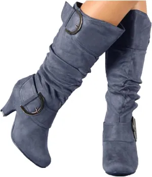 Hbeylia Pump Dress Boots For Women Fashion Casual Sclouchy Ruched Knee High Length High Heels Boots With Side Zip Ladies Stacked Wide Mid Calf Dressy Booties Winter Shoes Party Favor