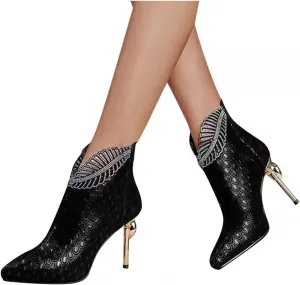 Hbeylia Stiletto High Heels Boots For Women Ladies Fashion Vintage Leaf Cuff Design Leather Pointed Toe Dress Pump Ankle Booties Winter Fall Dressy Short Boots For Bride Wedding Banquet Party