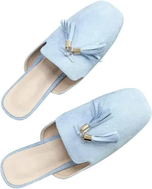 Hee grand Mules for Women Tassel Mule Slippers Summer Square Toe Slip On Loafers Casual Closed Toe Suede Flat Slides