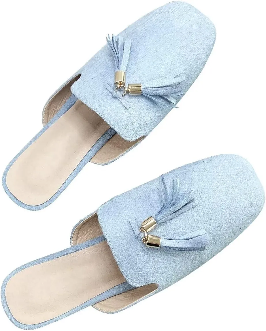Hee grand Mules for Women Tassel Mule Slippers Summer Square Toe Slip On Loafers Casual Closed Toe Suede Flat Slides