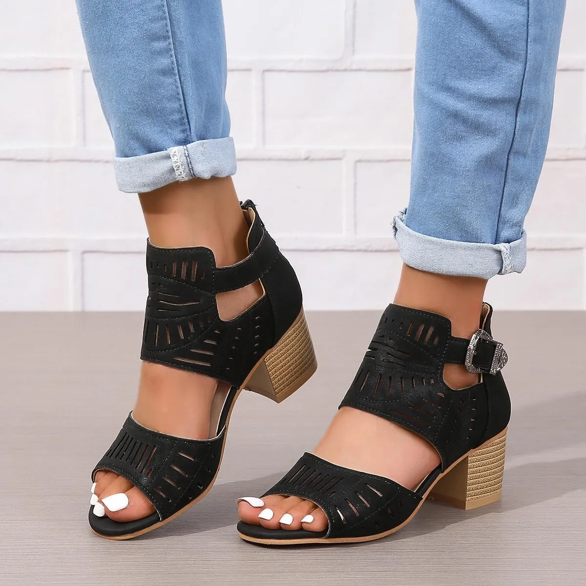 Heeled Sandals for Women Hollow Out Peep Toe Summer Chunky Stacked Heel Slingback Ankle Strap Booties, Comfortable Breathable Open Toe Heeled Mules Chunky Block Low Heel Slip On Slides
