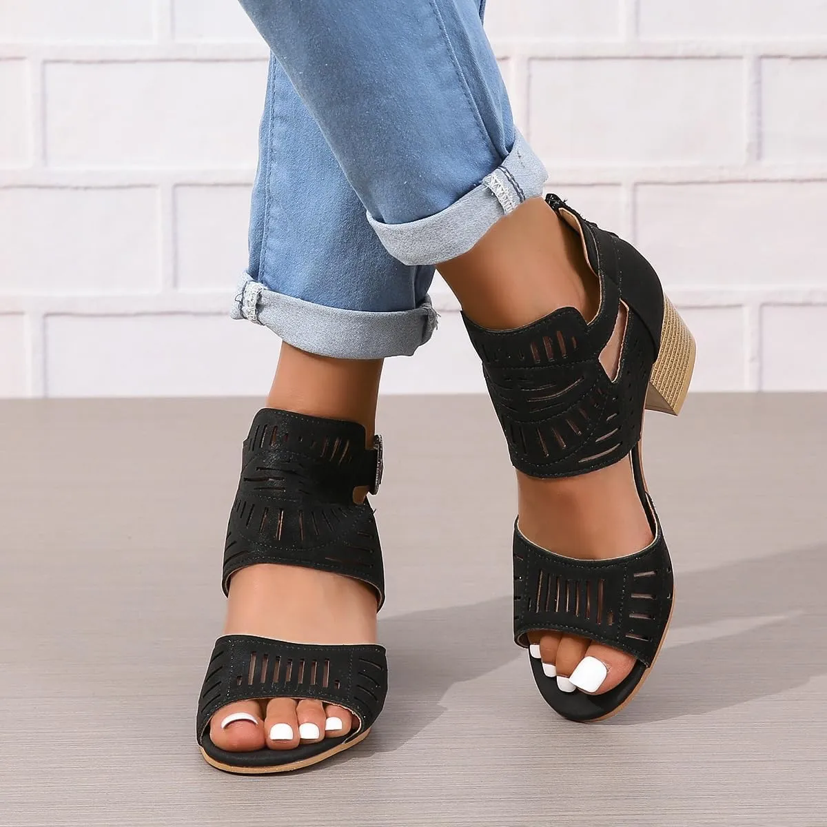 Heeled Sandals for Women Hollow Out Peep Toe Summer Chunky Stacked Heel Slingback Ankle Strap Booties, Comfortable Breathable Open Toe Heeled Mules Chunky Block Low Heel Slip On Slides