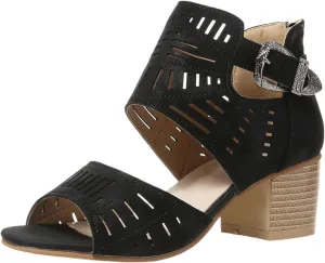 Heeled Sandals for Women Hollow Out Peep Toe Summer Chunky Stacked Heel Slingback Ankle Strap Booties, Comfortable Breathable Open Toe Heeled Mules Chunky Block Low Heel Slip On Slides