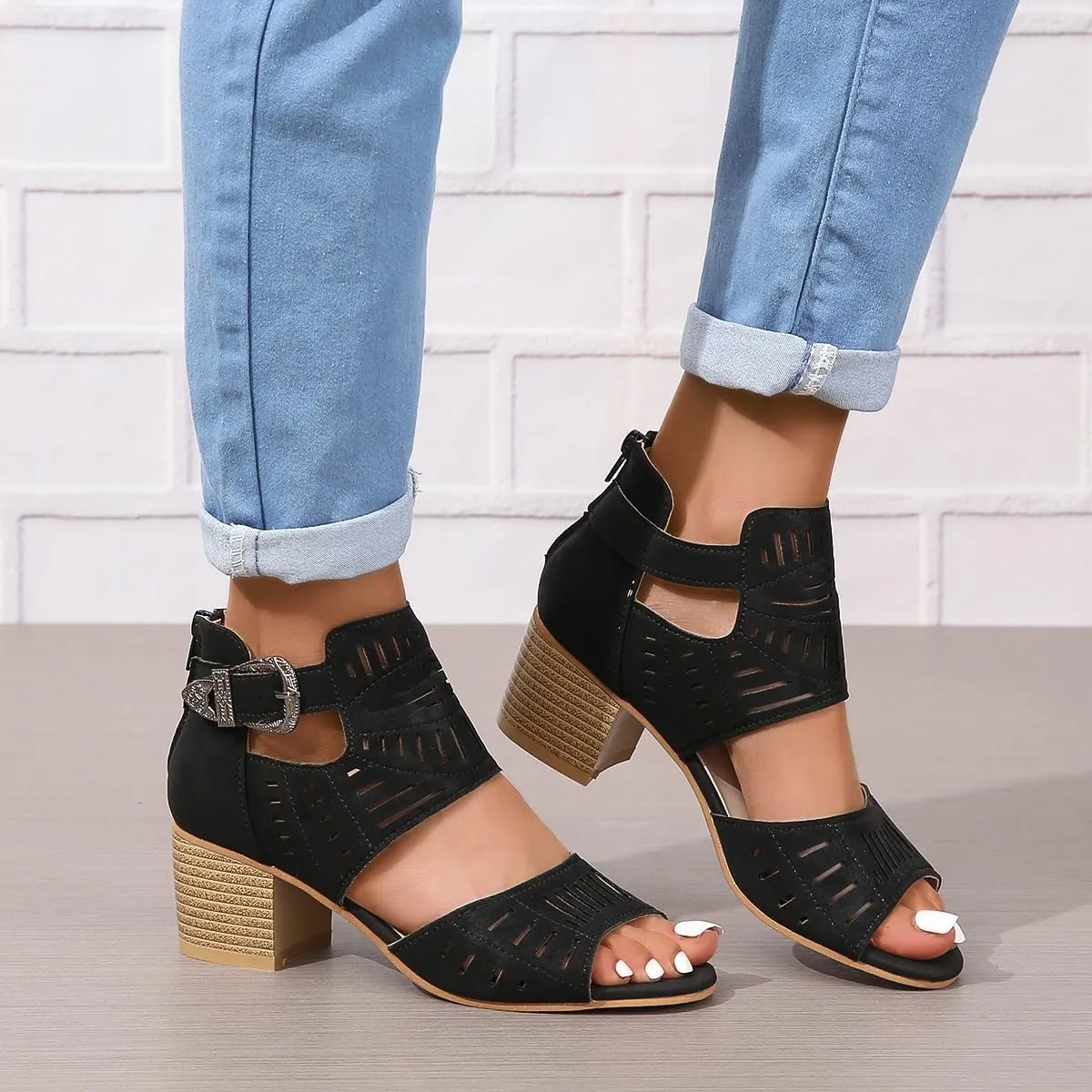 Heeled Sandals for Women Hollow Out Peep Toe Summer Chunky Stacked Heel Slingback Ankle Strap Booties, Comfortable Breathable Open Toe Heeled Mules Chunky Block Low Heel Slip On Slides