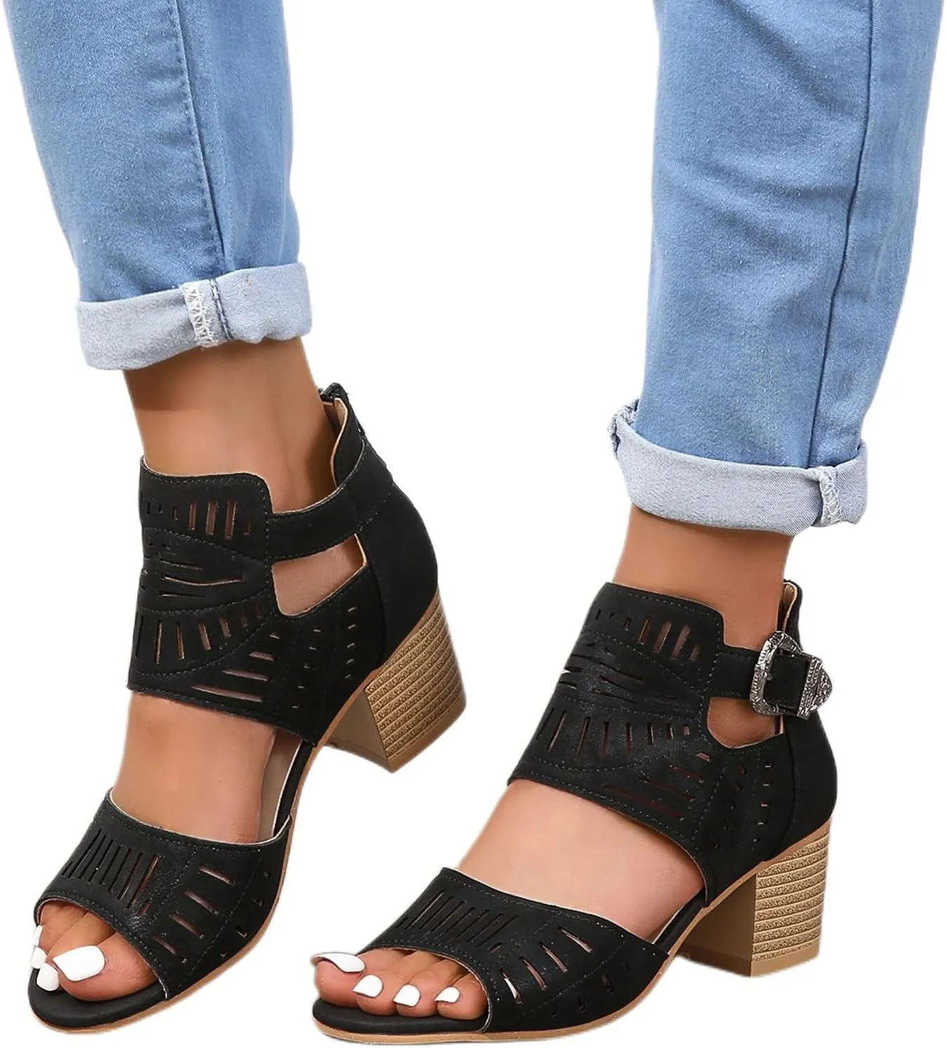 Heeled Sandals for Women Hollow Out Peep Toe Summer Chunky Stacked Heel Slingback Ankle Strap Booties, Comfortable Breathable Open Toe Heeled Mules Chunky Block Low Heel Slip On Slides