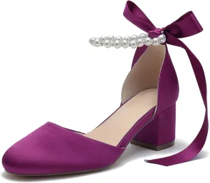 High Block Heel Wedding Closed Toe Sandals for Bride Pearl Bow Ankle Strap Women Chunky Heels Sandal Round Toe Satin Bridal Shoes
