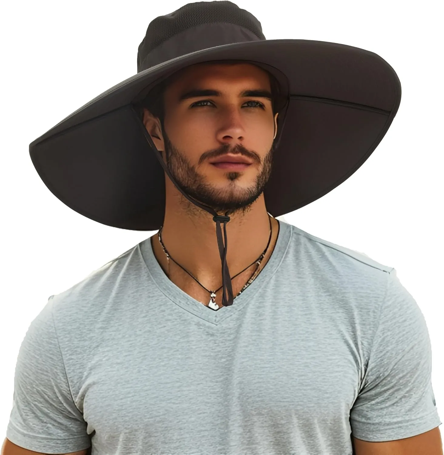 HLLMAN Men's Wide Brim Sun Hat-UPF 50  Protection,Waterproof Bucket Hat for Fishing, Hiking, Camping,Breathable Nylon & Mesh