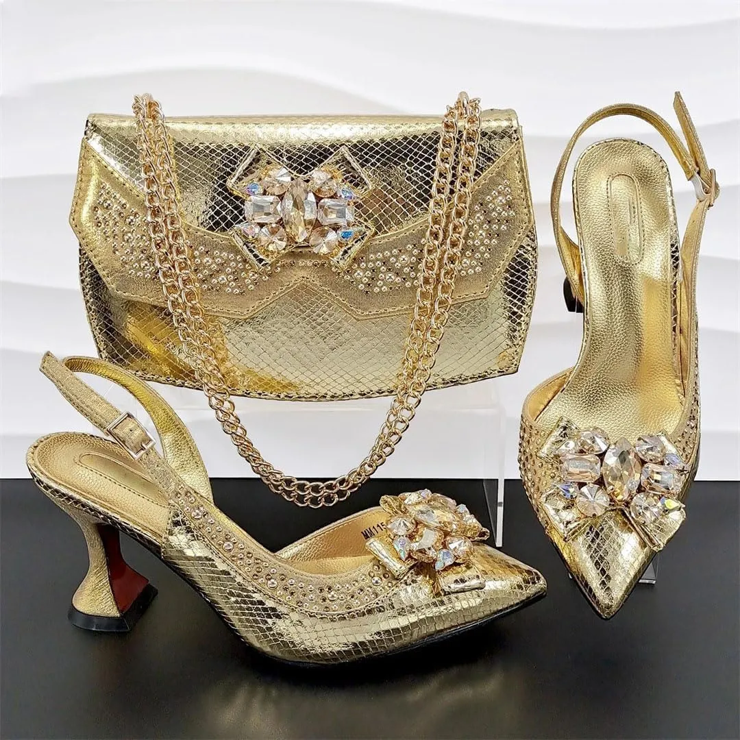 Hollow Embroidery Italian Pointed Toe Med Heel Women Sandals Matching Clutch Bag