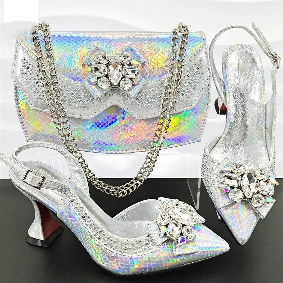 Hollow Embroidery Italian Pointed Toe Med Heel Women Sandals Matching Clutch Bag