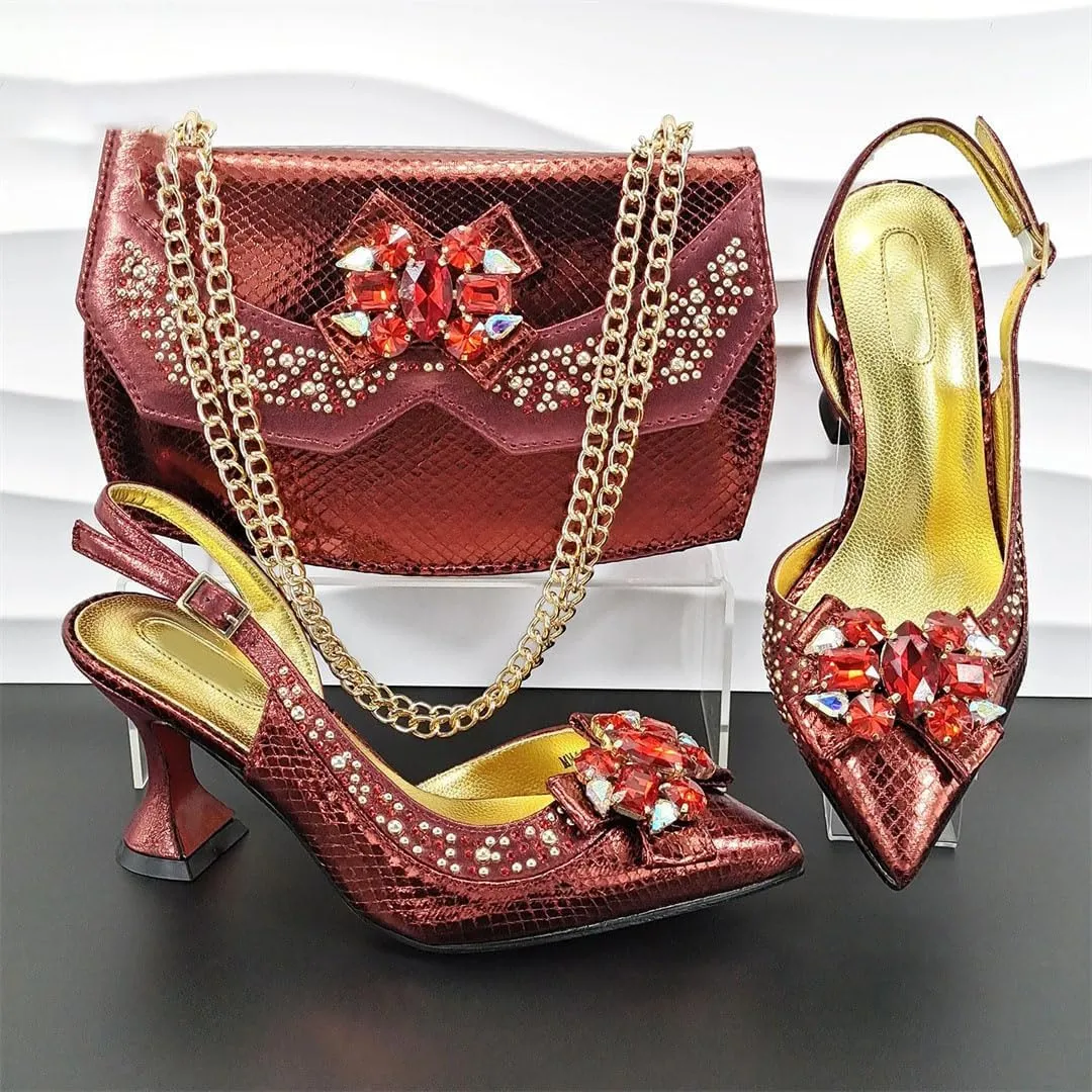Hollow Embroidery Italian Pointed Toe Med Heel Women Sandals Matching Clutch Bag