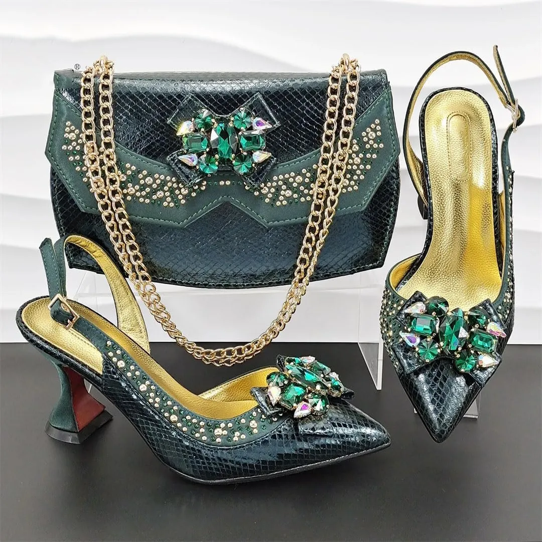Hollow Embroidery Italian Pointed Toe Med Heel Women Sandals Matching Clutch Bag