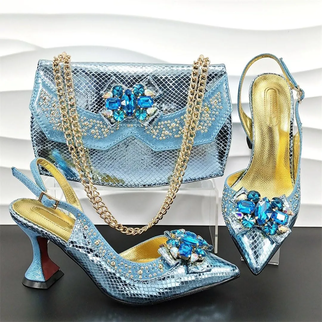 Hollow Embroidery Italian Pointed Toe Med Heel Women Sandals Matching Clutch Bag