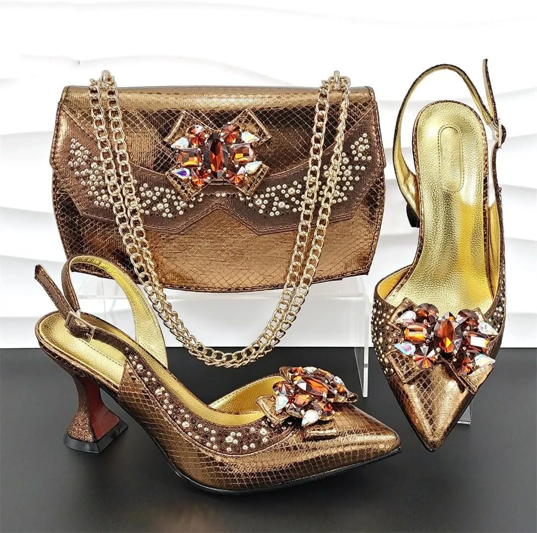 Hollow Embroidery Italian Pointed Toe Med Heel Women Sandals Matching Clutch Bag
