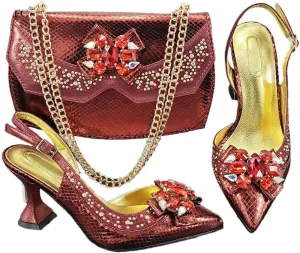 Hollow Embroidery Italian Pointed Toe Med Heel Women Sandals Matching Clutch Bag