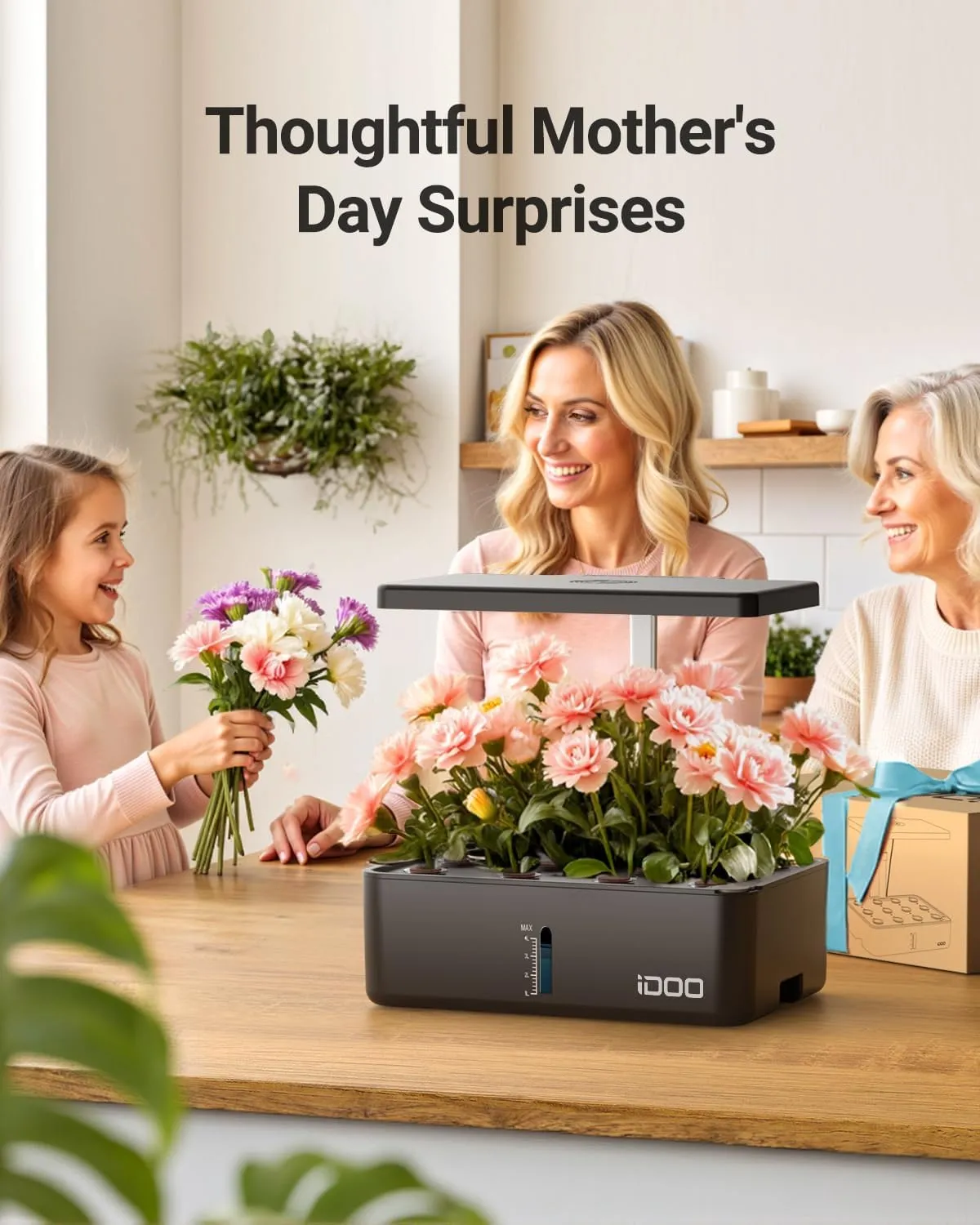 iDOO Hydroponics Growing System Kit 12Pods, Gardening Gifts for Women Mom, Indoor Herb Garden with LED Grow Light, Built-in Fan, Auto-Timer, Adjustable Height Up to 11.3", 12Pods-Black