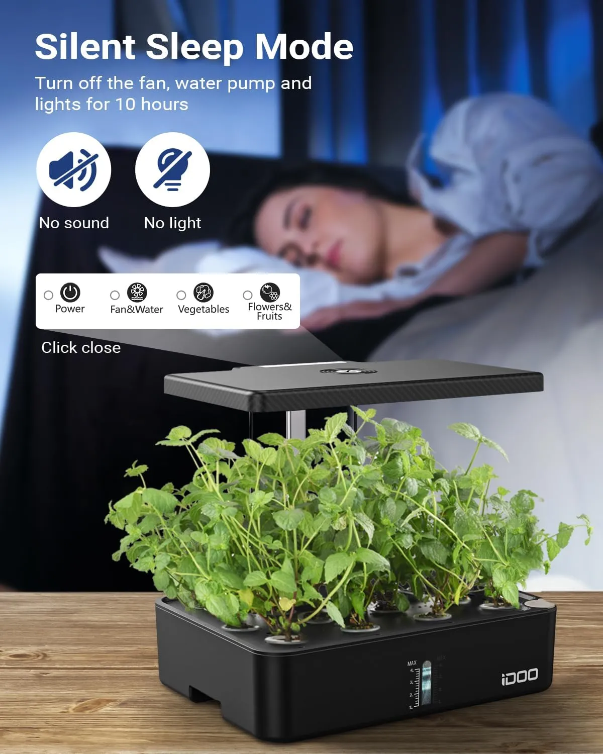 iDOO Hydroponics Growing System Kit 12Pods, Gardening Gifts for Women Mom, Indoor Herb Garden with LED Grow Light, Built-in Fan, Auto-Timer, Adjustable Height Up to 11.3", 12Pods-Black