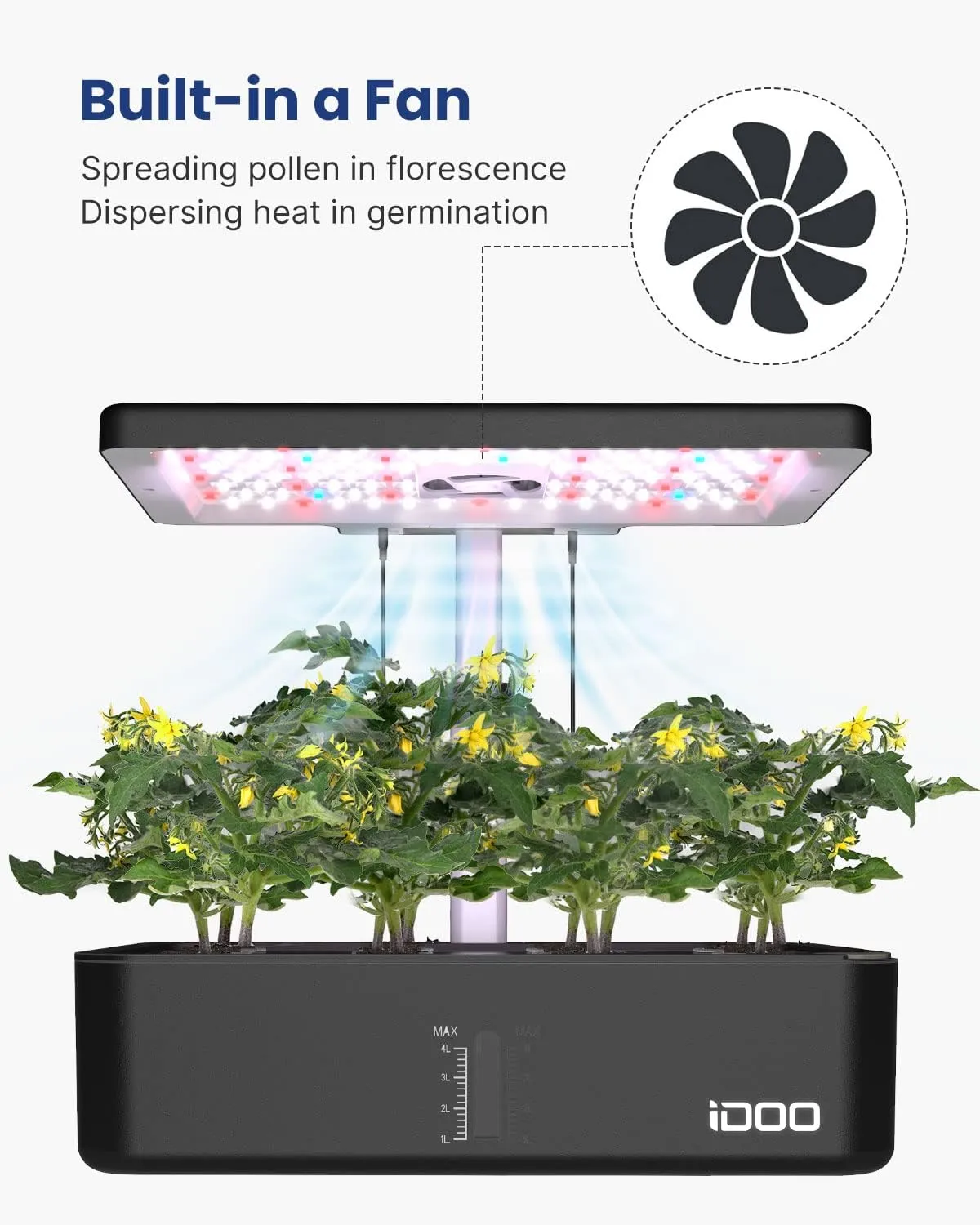 iDOO Hydroponics Growing System Kit 12Pods, Gardening Gifts for Women Mom, Indoor Herb Garden with LED Grow Light, Built-in Fan, Auto-Timer, Adjustable Height Up to 11.3", 12Pods-Black