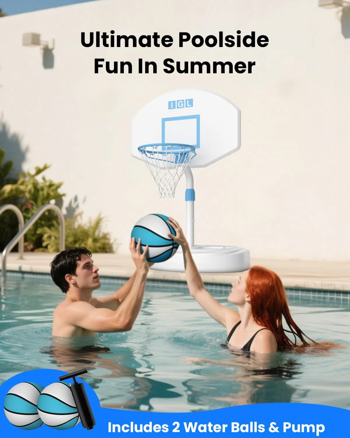 IGL Poolside Basketball Hoop, Swimming Pool Basketball Hoop with 36 Inch Backboard, Height Adjustment Pool Basketball Goals with Stainless Steel Rim, Includes 2 Balls & Pump