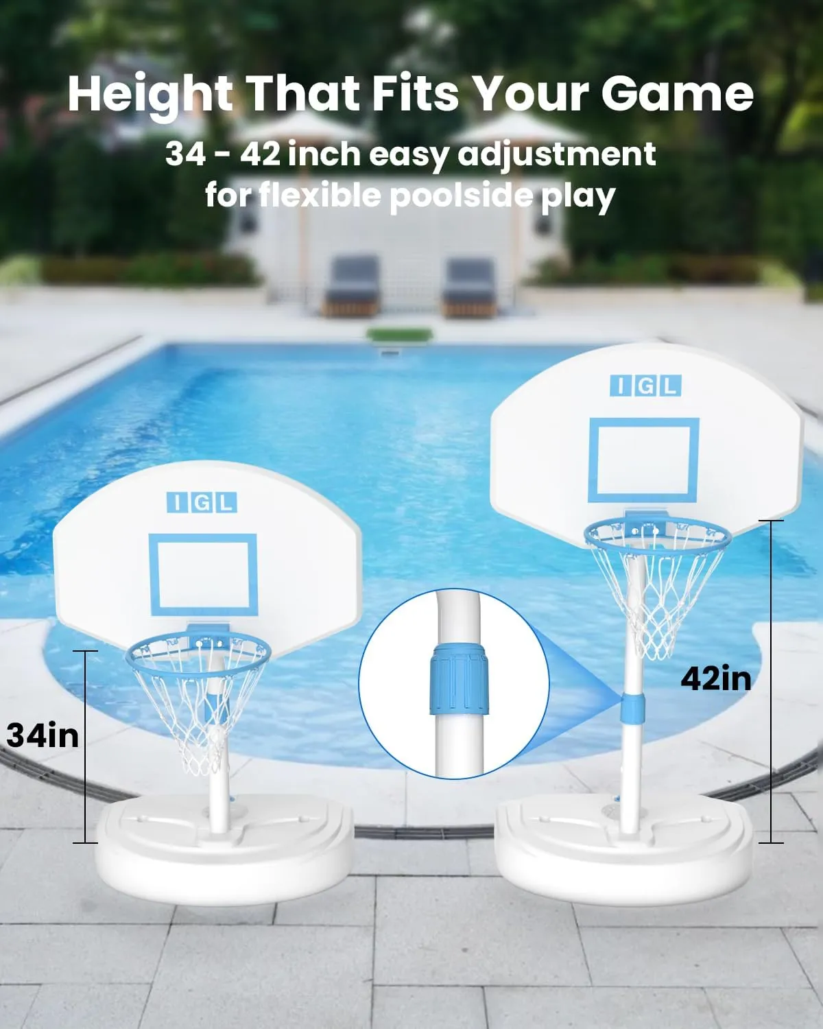IGL Poolside Basketball Hoop, Swimming Pool Basketball Hoop with 36 Inch Backboard, Height Adjustment Pool Basketball Goals with Stainless Steel Rim, Includes 2 Balls & Pump