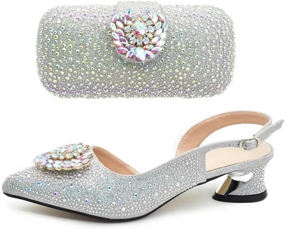 Italian Wedding Rhinestone Shoes Bag Set Crystal Bridal Pumps Matching Purse