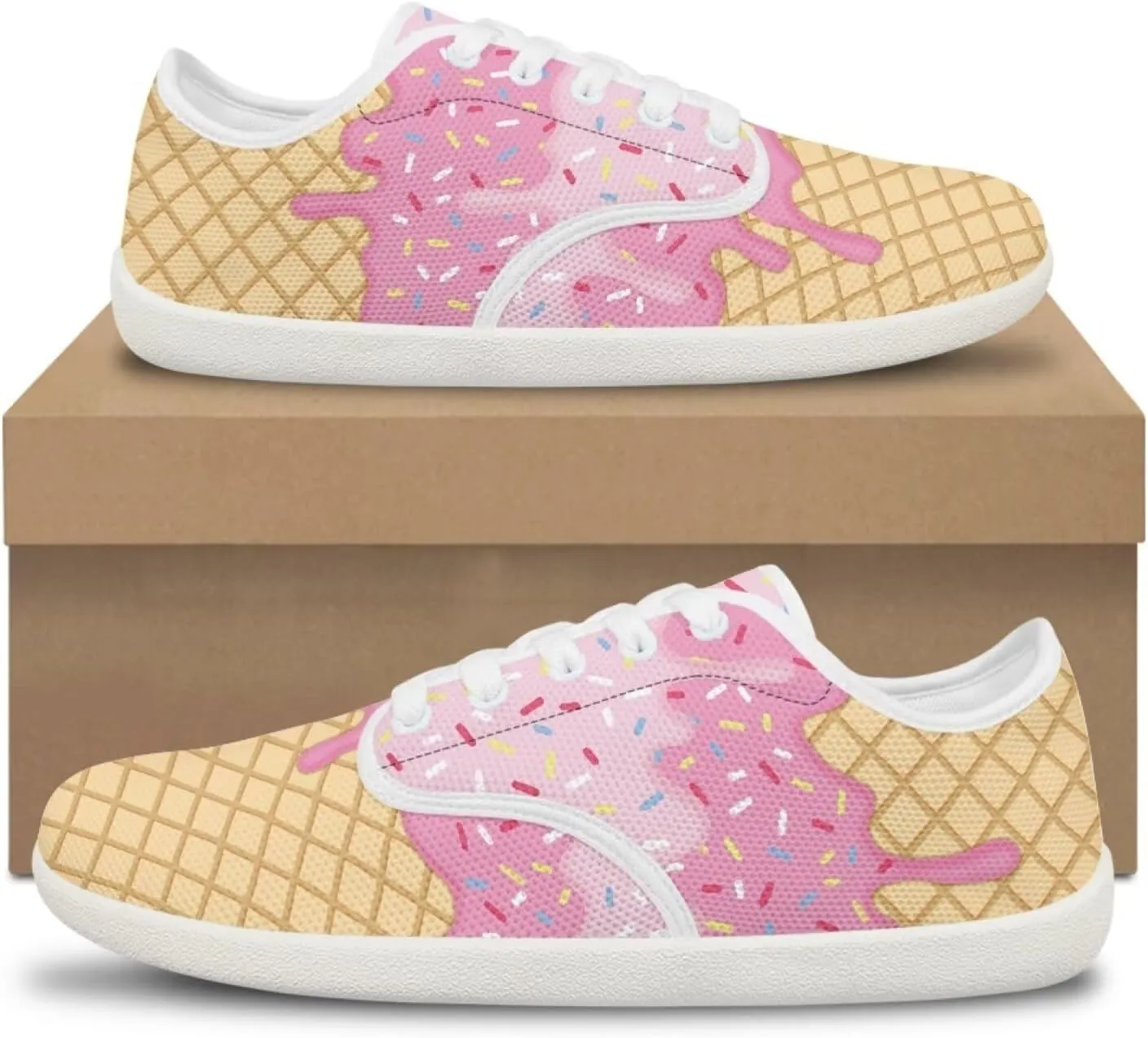 Jeiento Women Lace-up Barefoot Shoes Snacks Themed Mesh Walking Shoes for Women Comfort