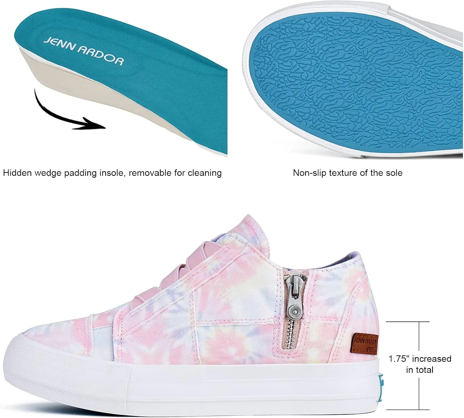 JENN ARDOR Wedge Sneakers for Women Fashion Canvas Shoes Casual Platform Hidden Heel Womens Slip On Sneaker Non Slip Side Zipper