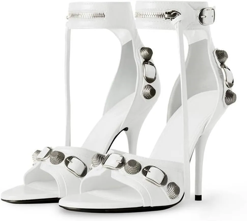 Kluolandi Women's High Stiletto Heeled Sandals with Tassel Open Toe Studded Zipper Ankle Strap High Heels Dress Pumps Shoes
